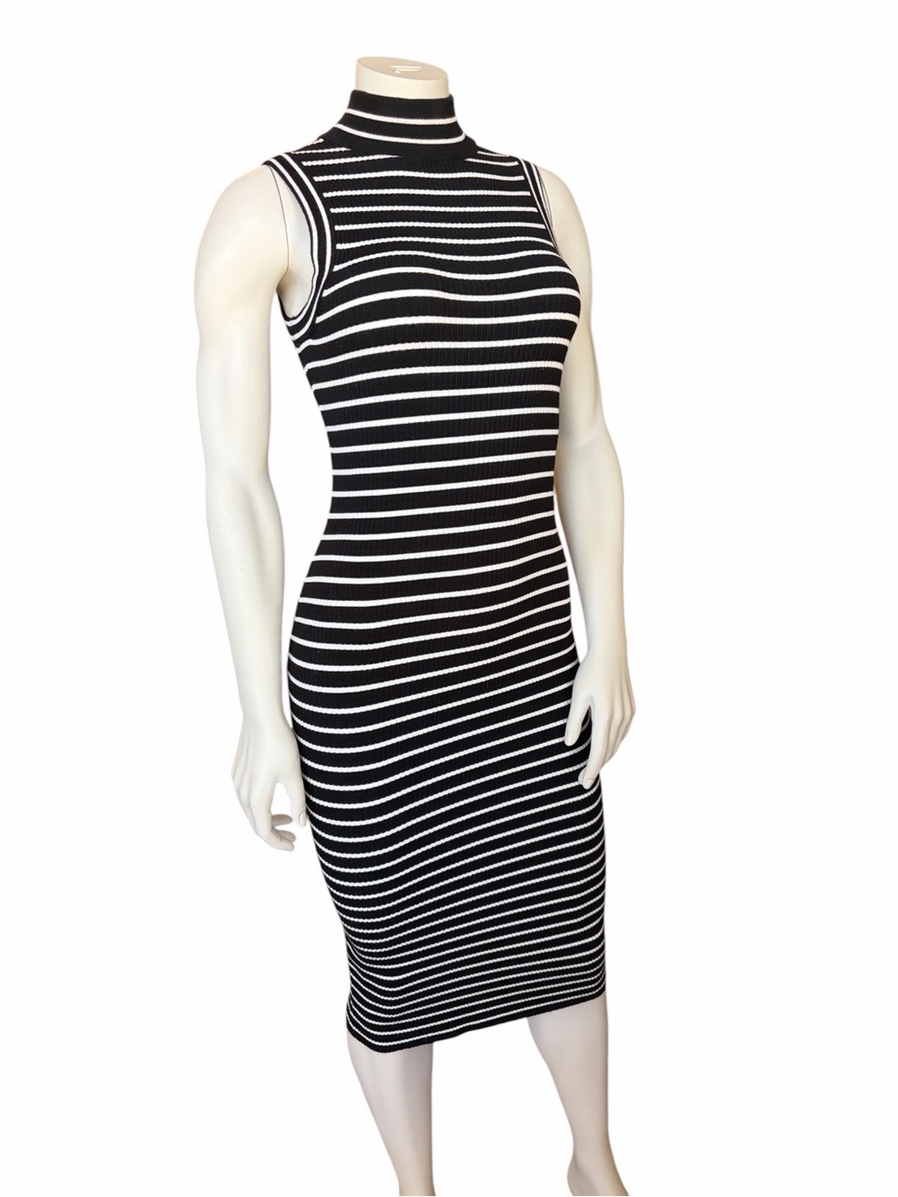 Michael Kors Black & White Striped Sleeveless Mock Neck Midi Dress Small